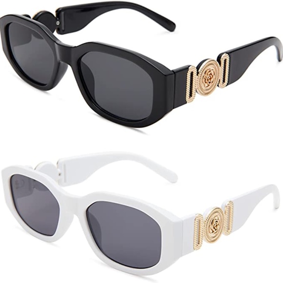 Black Rectangle Sunglasses Retro 90’s Vintage Side Gold Logo Detail Rose Chunky - Picture 2 of 4